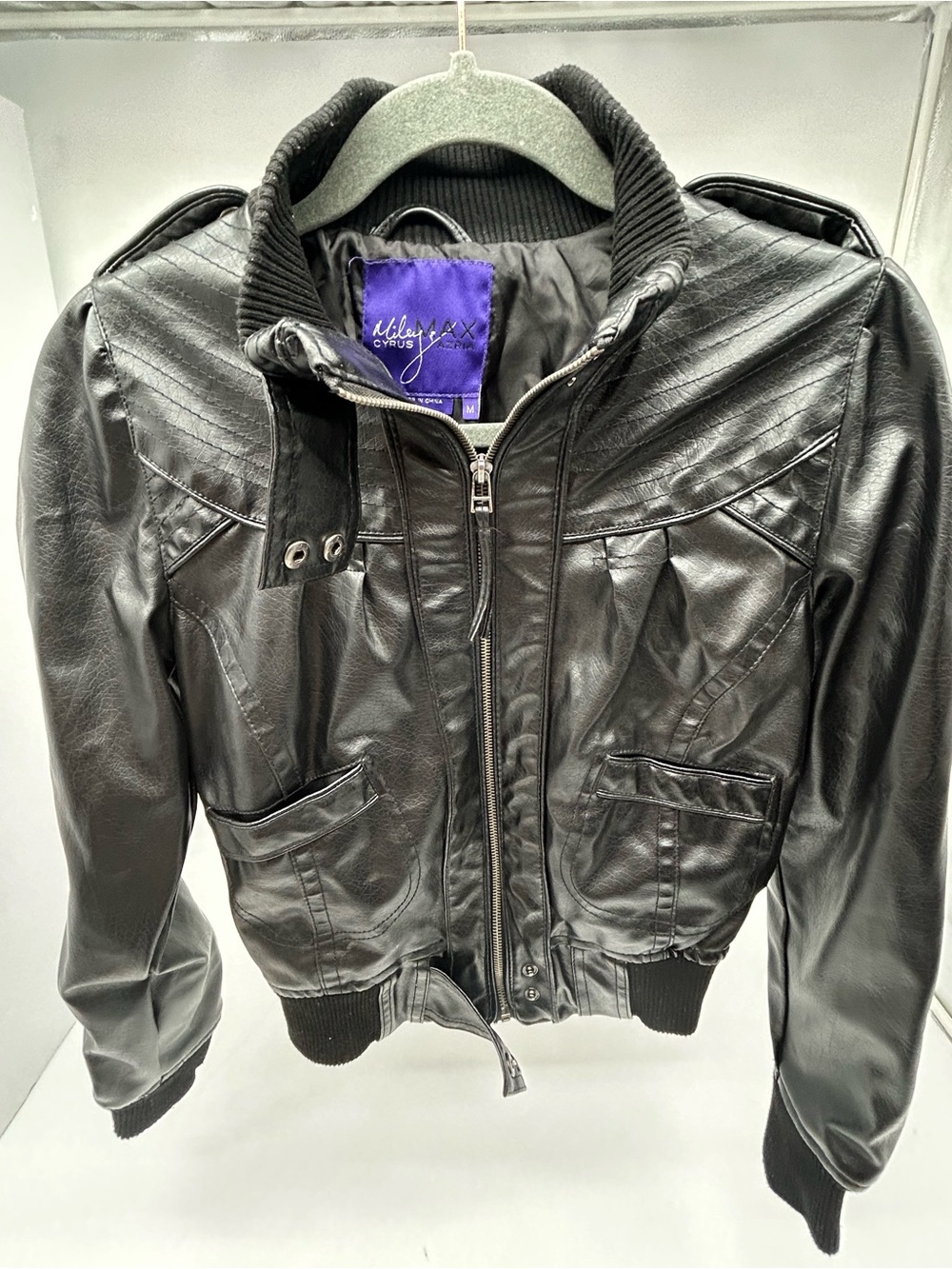 Vintage Miley Cyrus Black Faux Leather Bomber Jacket Size Medium